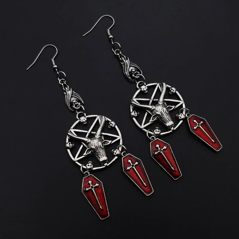 Vintage Goth Gothic punk ancient silver colour pentagram antelope skull coffin cross earrings Aesthetic Grunge y2k Jewelry