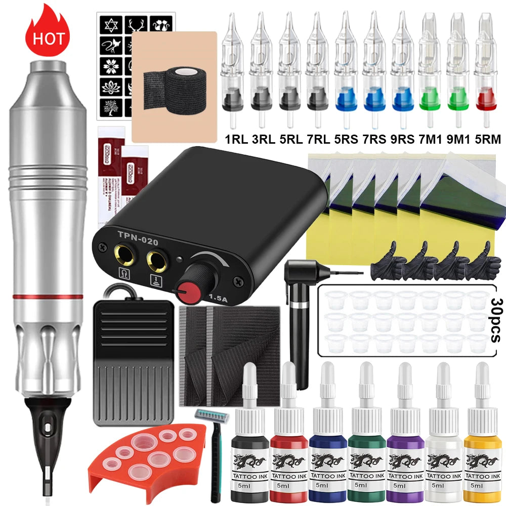 Professional Rotary Tattoo Machine Kit Tattoo Pen Set with Cartridge Needles Ink Blender Permanent Makeup for Tattoo Beginners