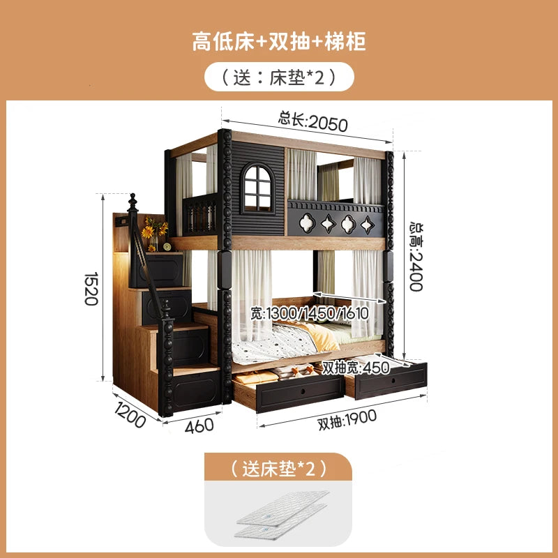 *-For Medieval style bed on and off the bed, double-layer all-solid wood upper and lower bunk thikened, high and low do no