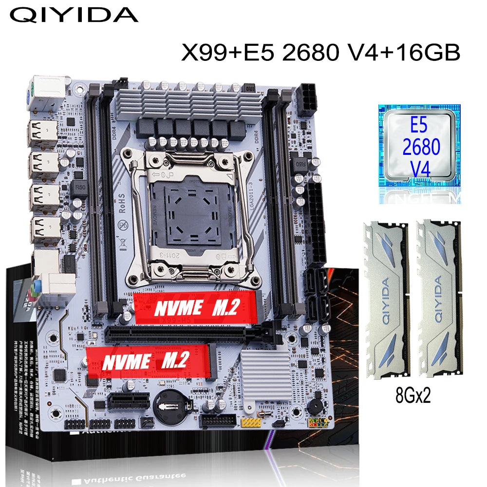 QIYIDA X99 Gaming Motherboard Kit with Xeon E5 2680 V4 DDR4 16GB=8Gx2 RAM M.2 NVME SATA USB for Desktop PC