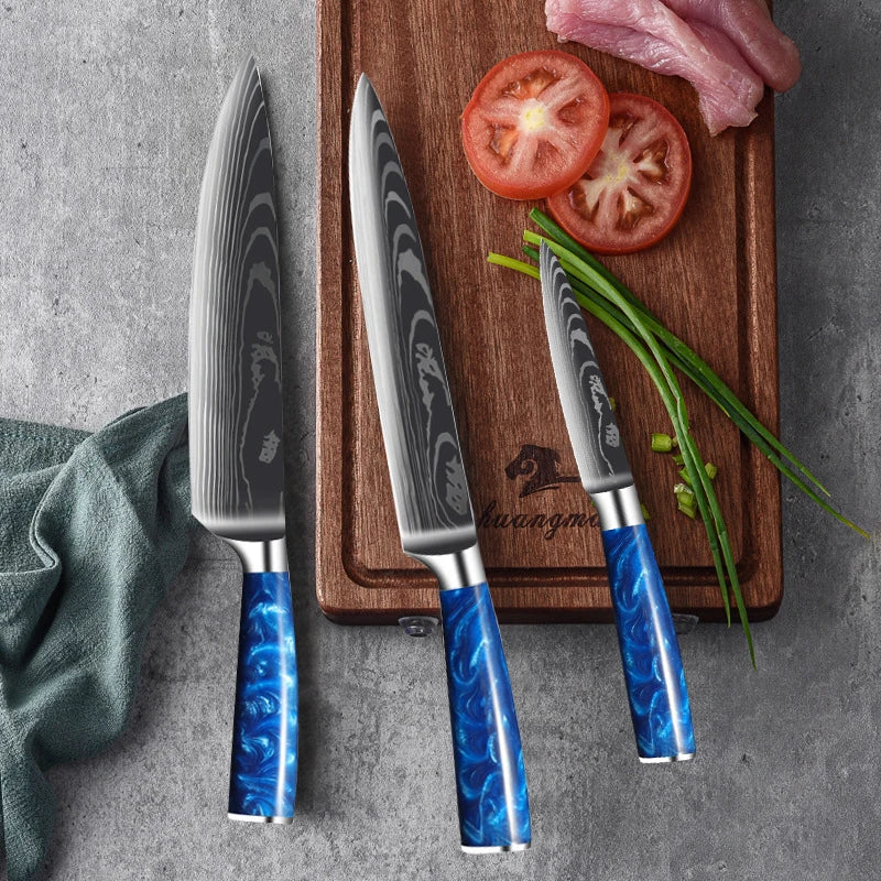 Japanese Santoku Knife 10pcs Damascus Pattern Knives Set Chef's Knife Boning Knife Meat Cleaver Vegetable Slicing Knives