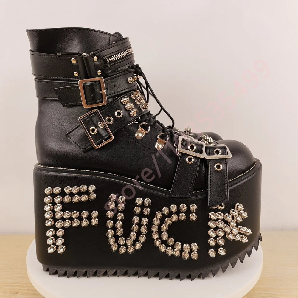 Punk Platform Studded Stage Boots 2025 New Street Rock Lace-Up Wedge Motorcycle Boots Fashion Cool Girl Party Casual Long Boots