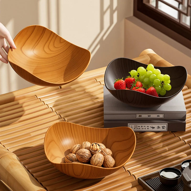 Japanese Plastic Dish Imitation Wood Household Food Grade Fruit Bowl Plates Multifunctional Storage Tray Kitchen Accessories