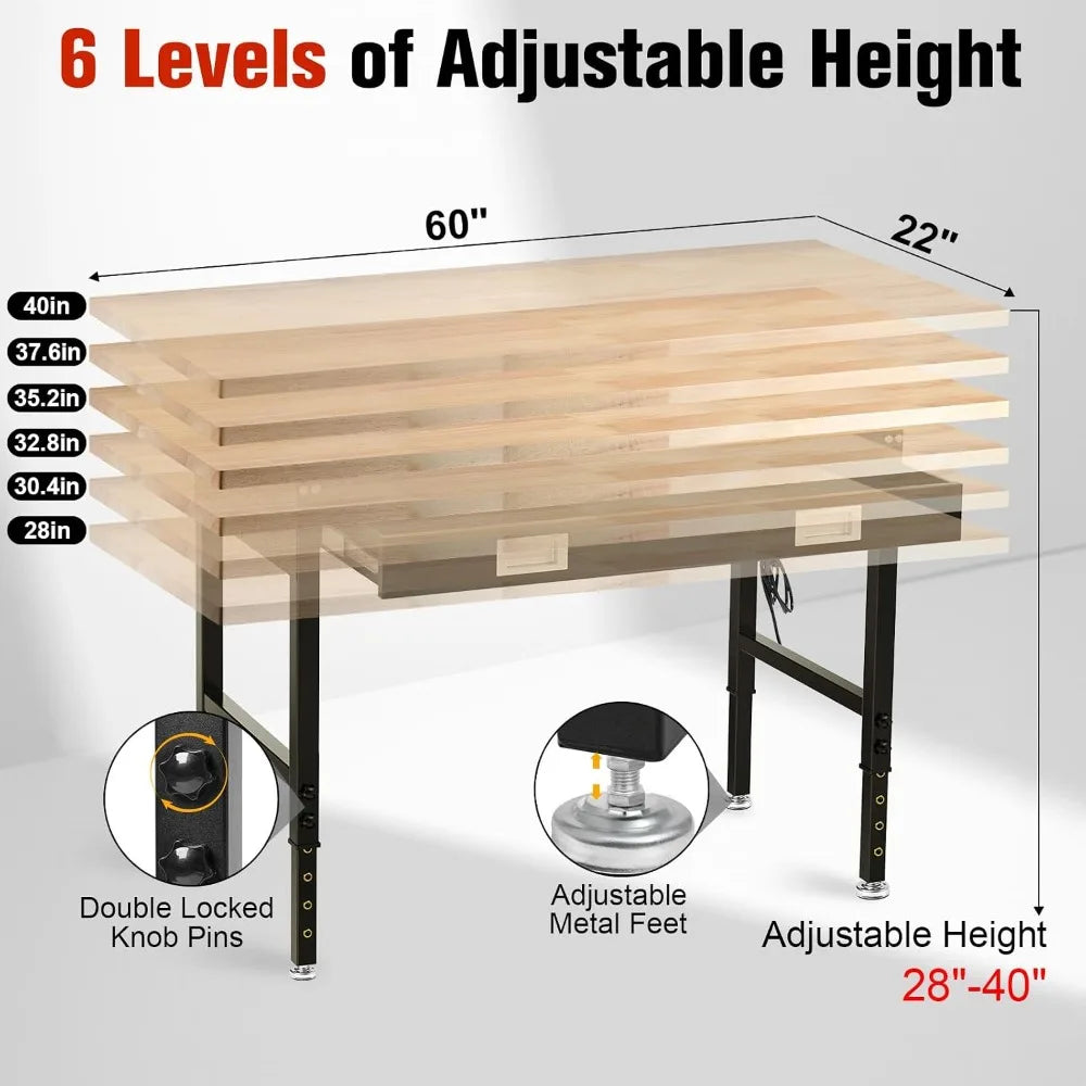 60 in Workbench with Drawers, Heavy Duty Garage Work Table with Pegboard, Power Outlet, Rubber Wood