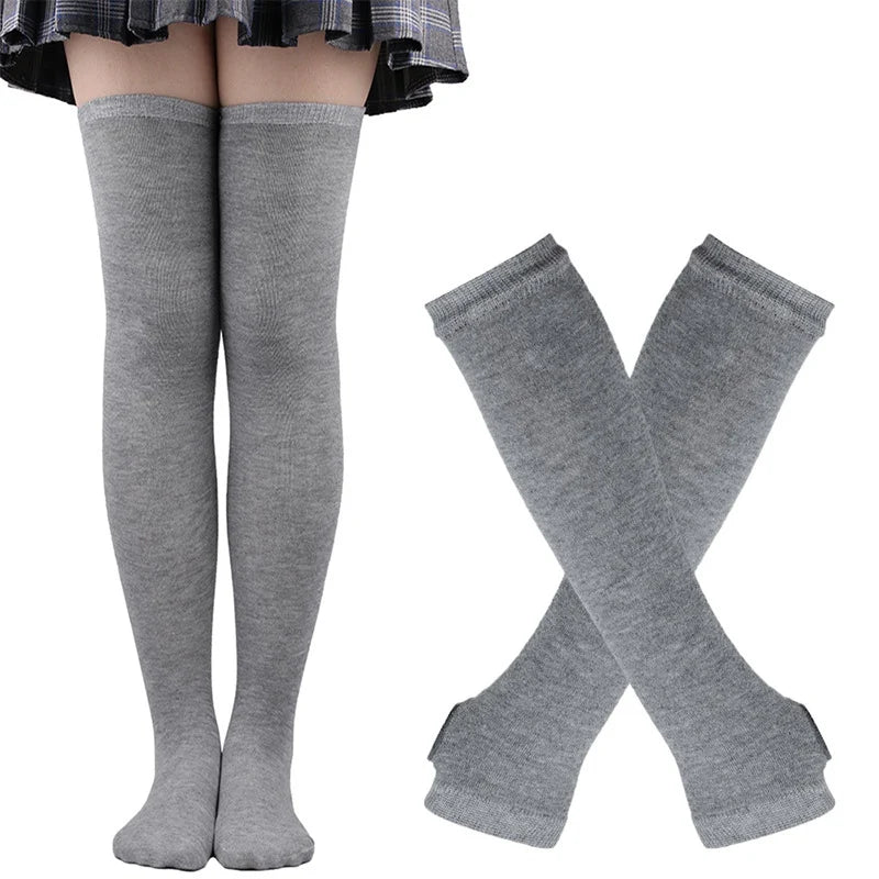 1 Set Women Girls Over Knee Long Stripe Thigh High Cotton Gothic Lolita Socks Arm Sleeve Gloves Sweet Cute Black Overknee Socks