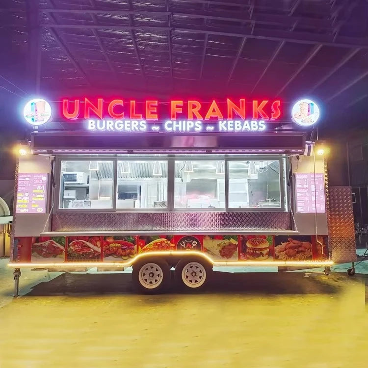 NEW 16ft UNCLE FRANKS Beach Food Carts Burger Fries Kebab Barbque Trucks LED Mobile Food Truck for USA