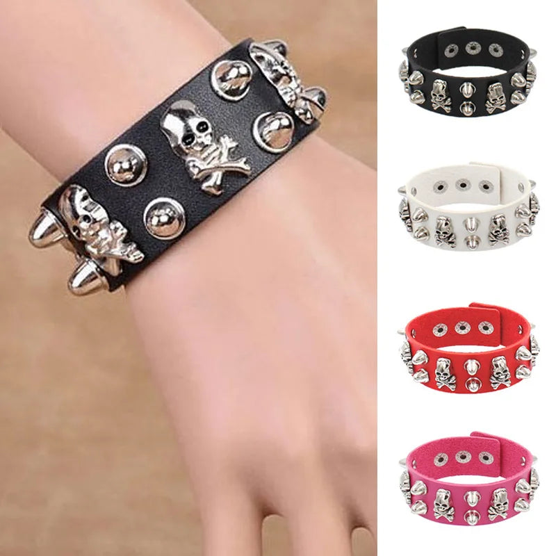 Leather Punk Spike Rock Studded Bracelet Goth Cuff Bracelet Gothic Rivet Buckle Wristband With Metal Chain Skull Accessories