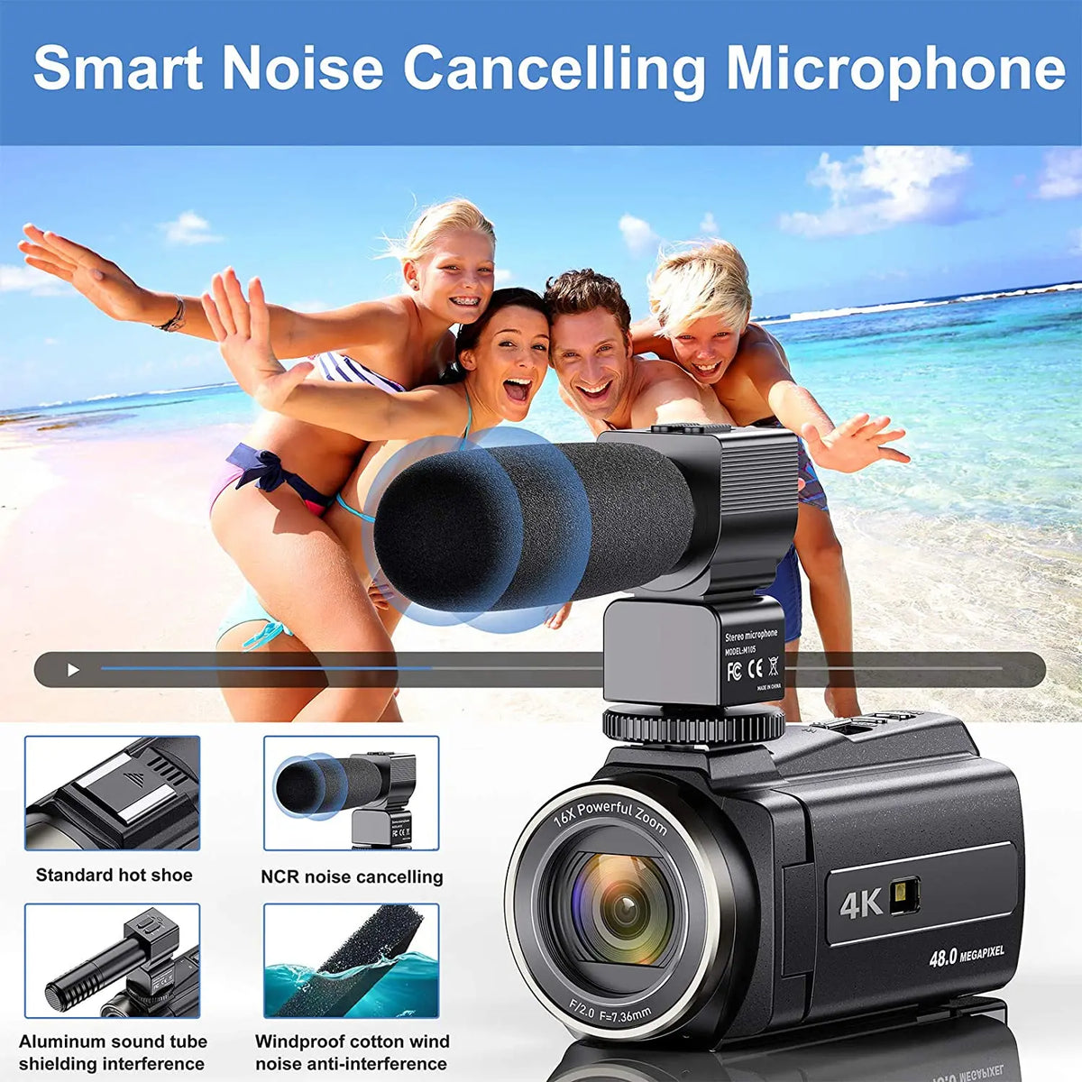 48MP 4K Video Camera 16X Zoom 3.0" Camcorder with Microphone Vlogging Touch Screen IR Night Vision Wi-Fi Vlog Cameras Web