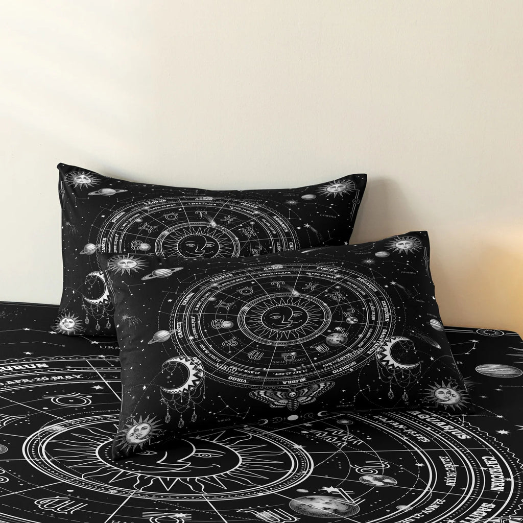 3 Pieces Dark Vintage Celestial Sun Moon Zodiac Constellation Duvet Cover Set, Planet Skull Moth Star Map Print Bedding