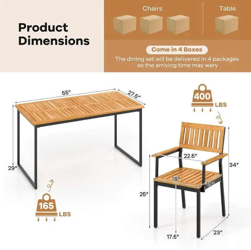 Tangkula 7 Piece Outdoor Dining Set for 6, Acacia Wood Rectangular Dining Table & 6 Armchairs w/Metal Frame, Umbrella Hole