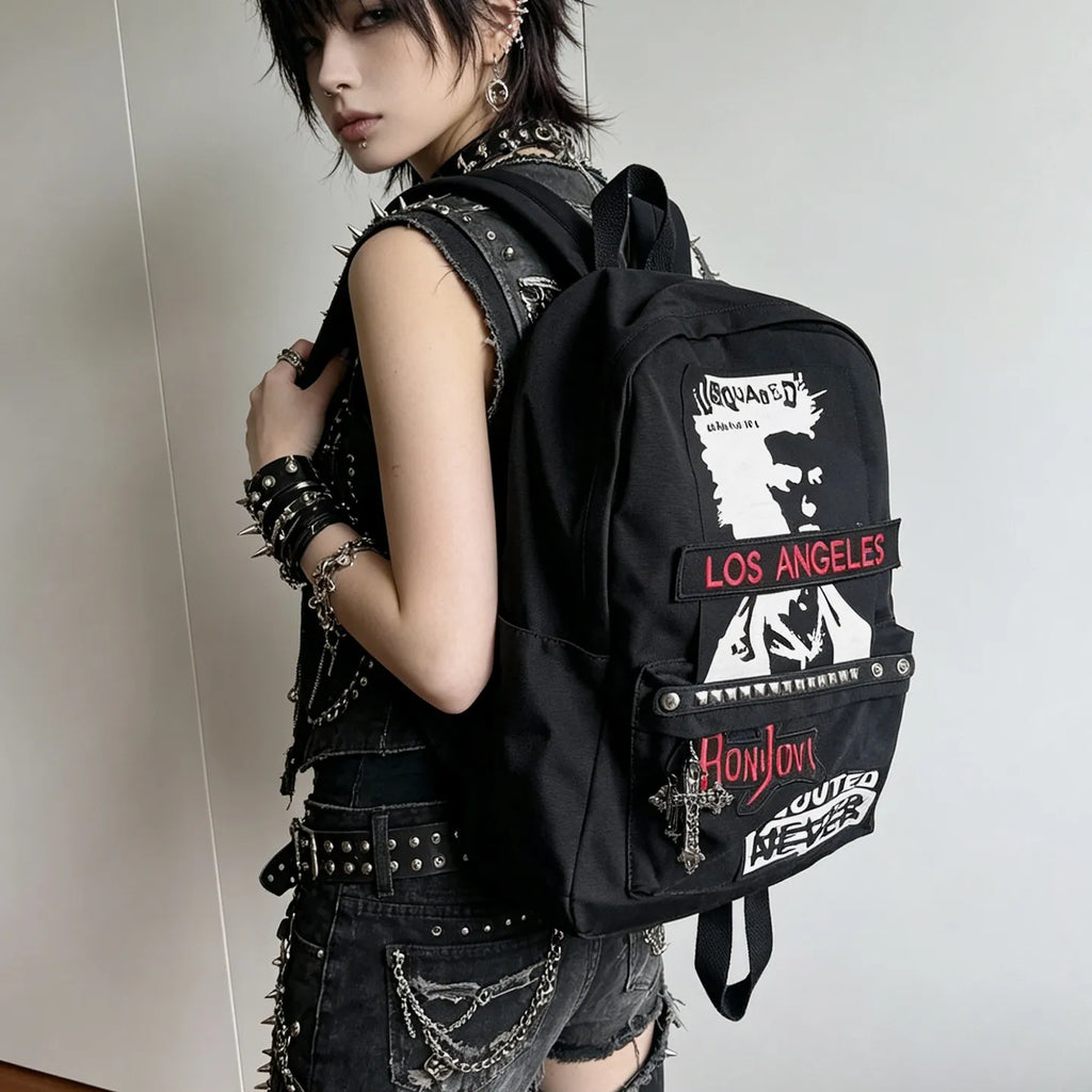Goth Backpack Rock Punk Large Capacity Backpack Black High Street American School Bag