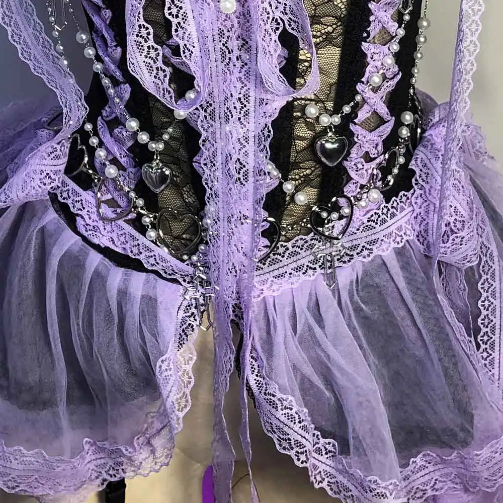 White Gothic Dress for Women Y2K Rave Cyber Punk Rock Star Goth Cross Lace Scene Emo ALT Grunge E-Girls Lolita Ball Gown Clothes