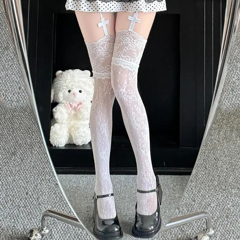 Gothic Cross Pendant Stocking Women Suspender Socks Solid Color Thin Thigh High Lolita Anime Cosplay Gothic Over Knee Stockings
