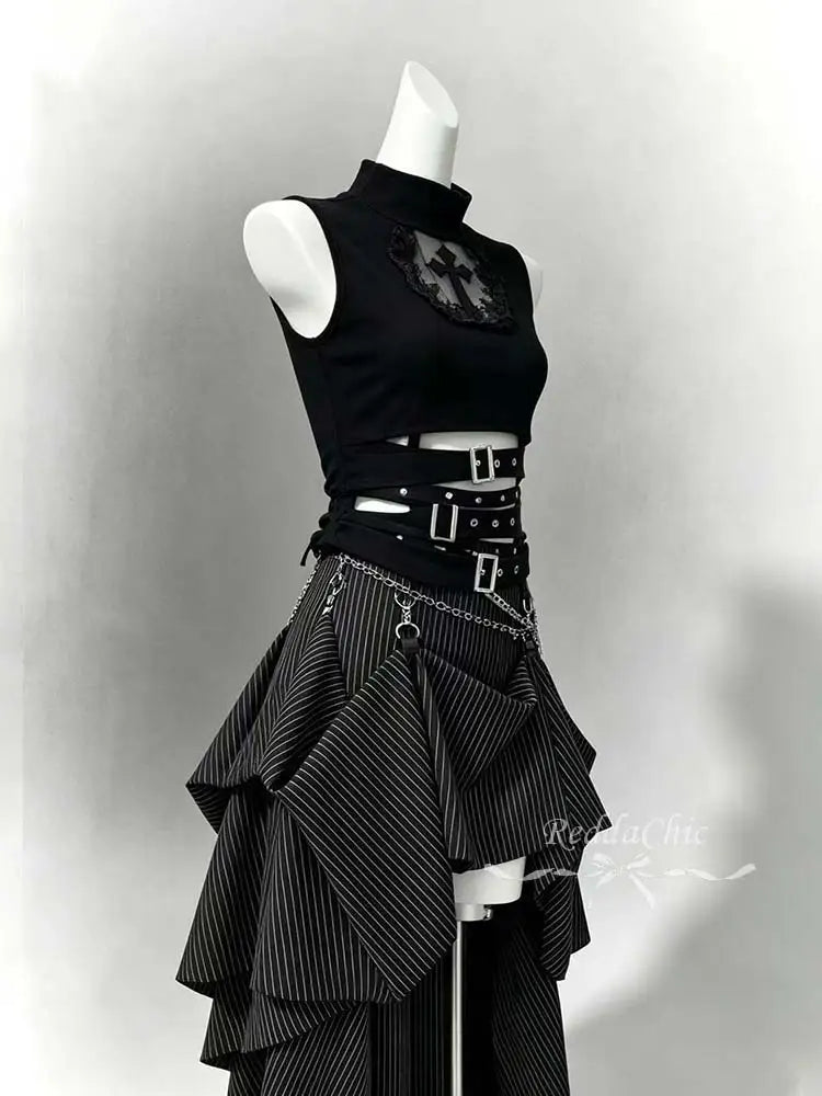 REDDACHiC Lace Hollow Sleeveless Top Skirt Women Set Goth Black Stripe Bustle Skirt Belt Tank Top Grunge Music Festival Outfits