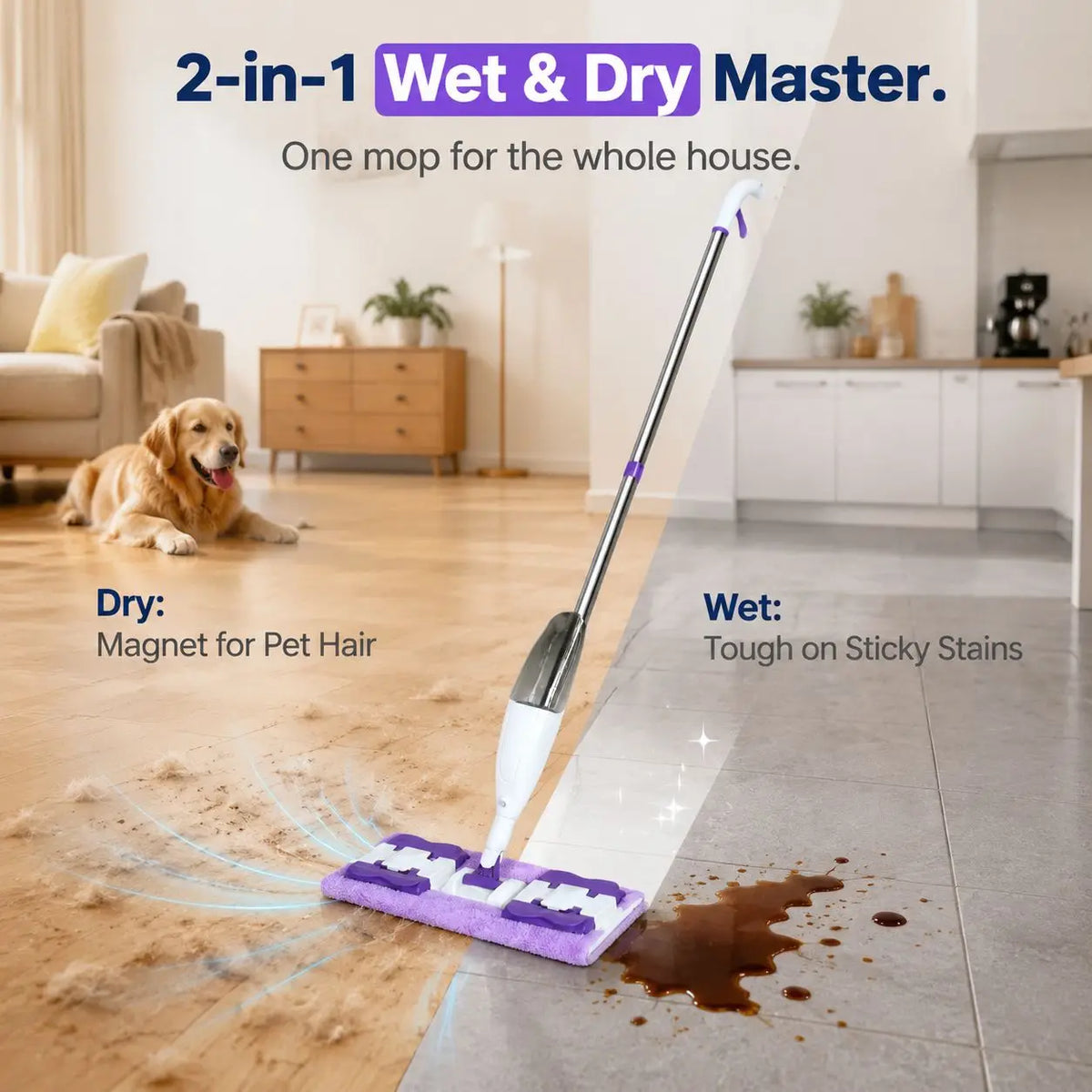 2 in 1 Spray Mop with 5 Microfiber Pads Wet & Dry Use Mop No Hand Washing Clip-Type Household Cleaning Tools for Floor Cleaning