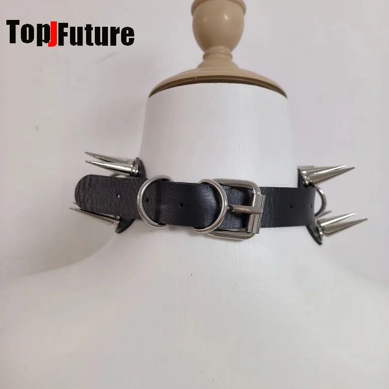 Y2K Gothic Punk Dark Rock Style Subculture PU Leather Skull Inlay Rivet Spikes Decor Metal Chain Necklace Alternative Choker
