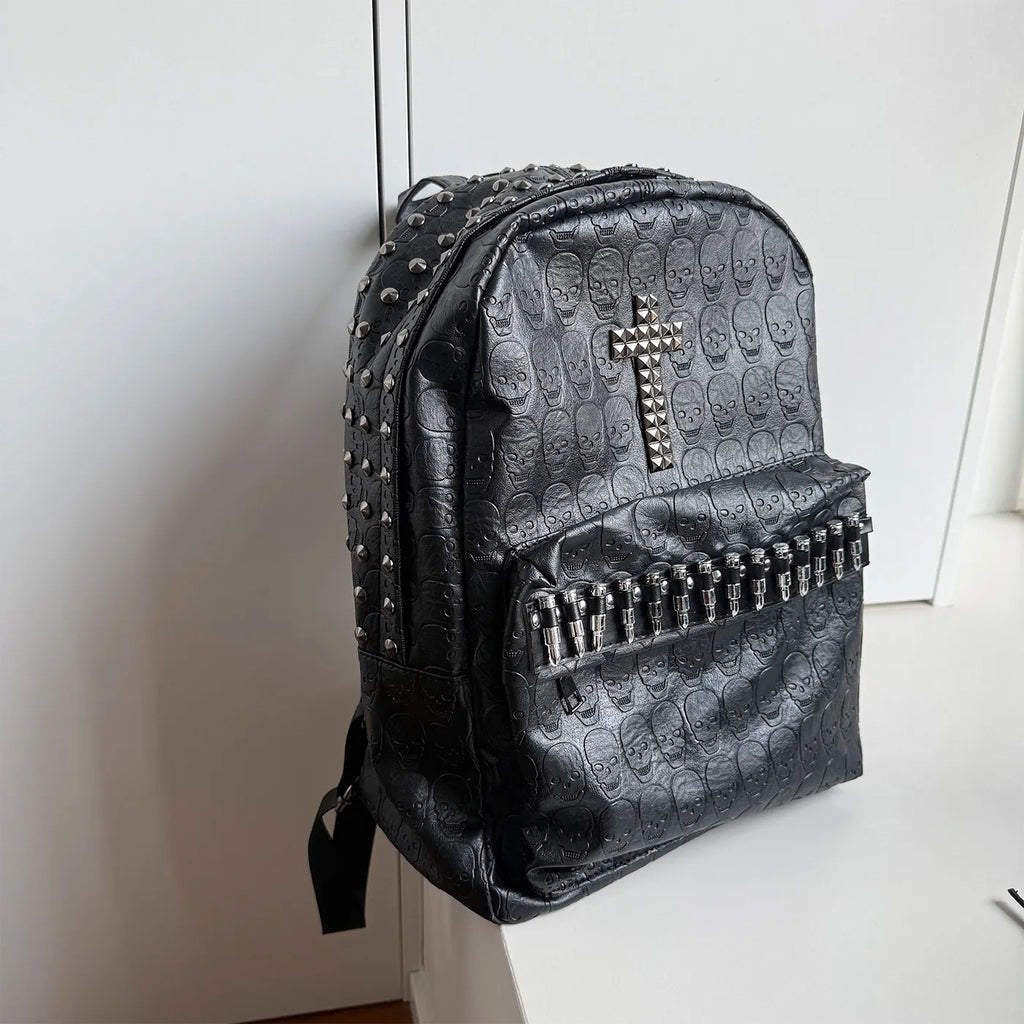 Punk Goth Rivet Skull Pattern Personality Backpacks Large Capacity Commuter Rock Backpack Y2K Black Leather Backpack