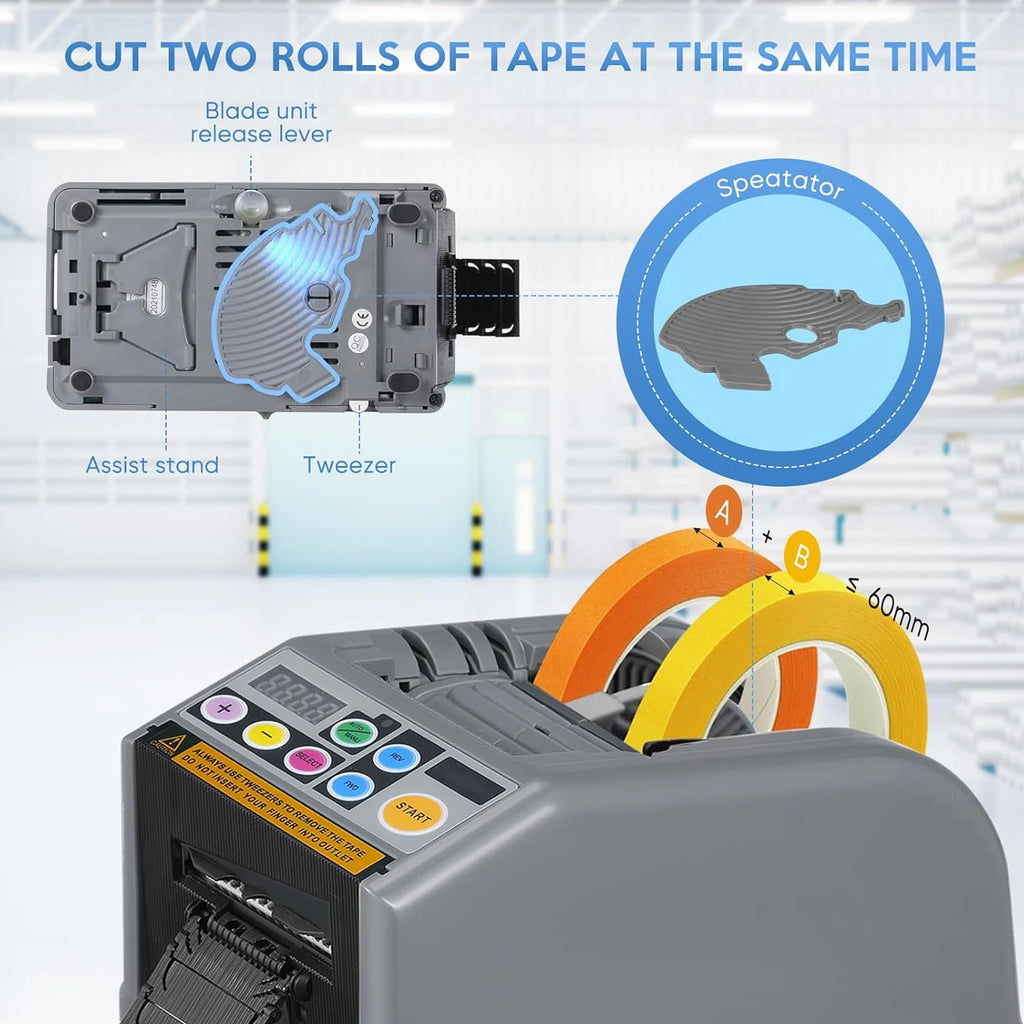 2 Rolls Design Automatic Cutting Machine Tape Dispenser with Silicone Gear Memory Storage Function for Strong Adhesive Tape
