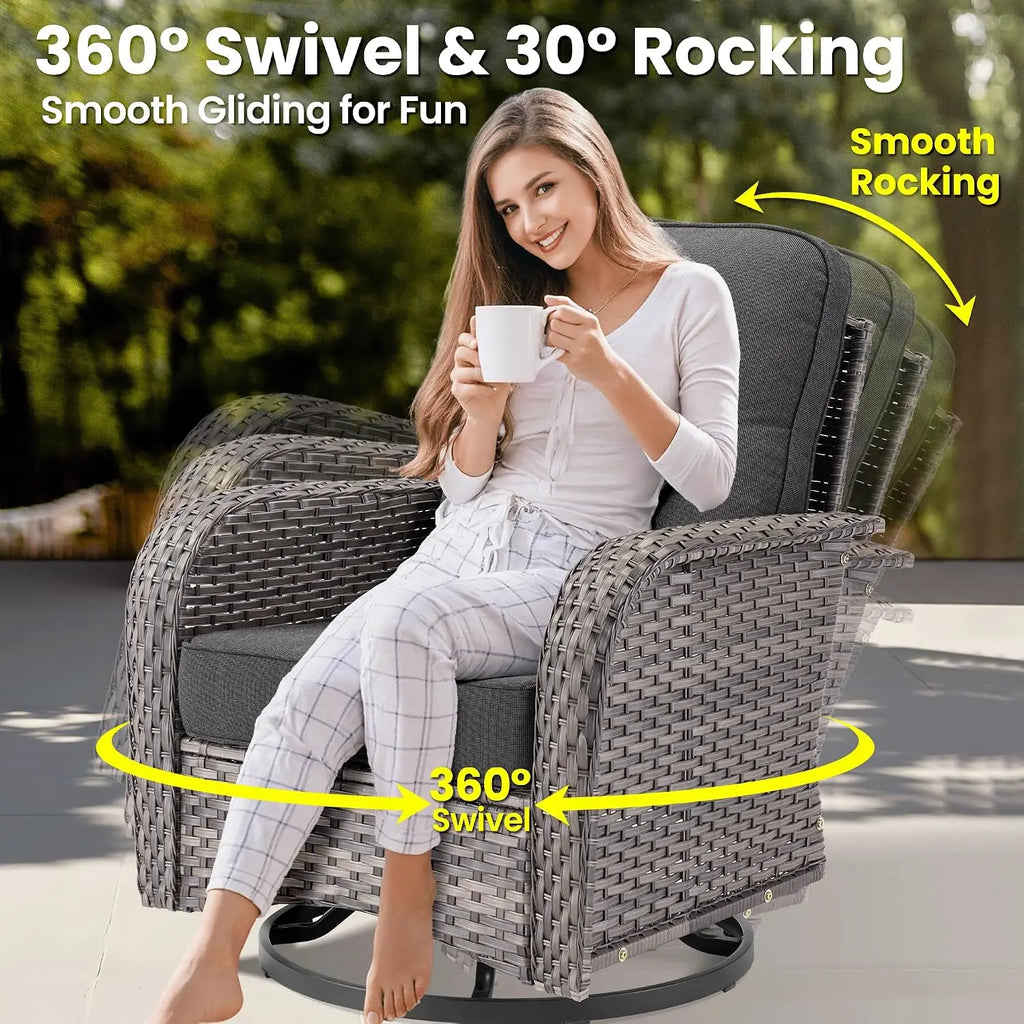 9 Pieces Patio Furniture Set, Outdoor Wicker Sofa Couch with Swivel Glider Chairs Fire Pit Table, Modern Deep Seat, Customized