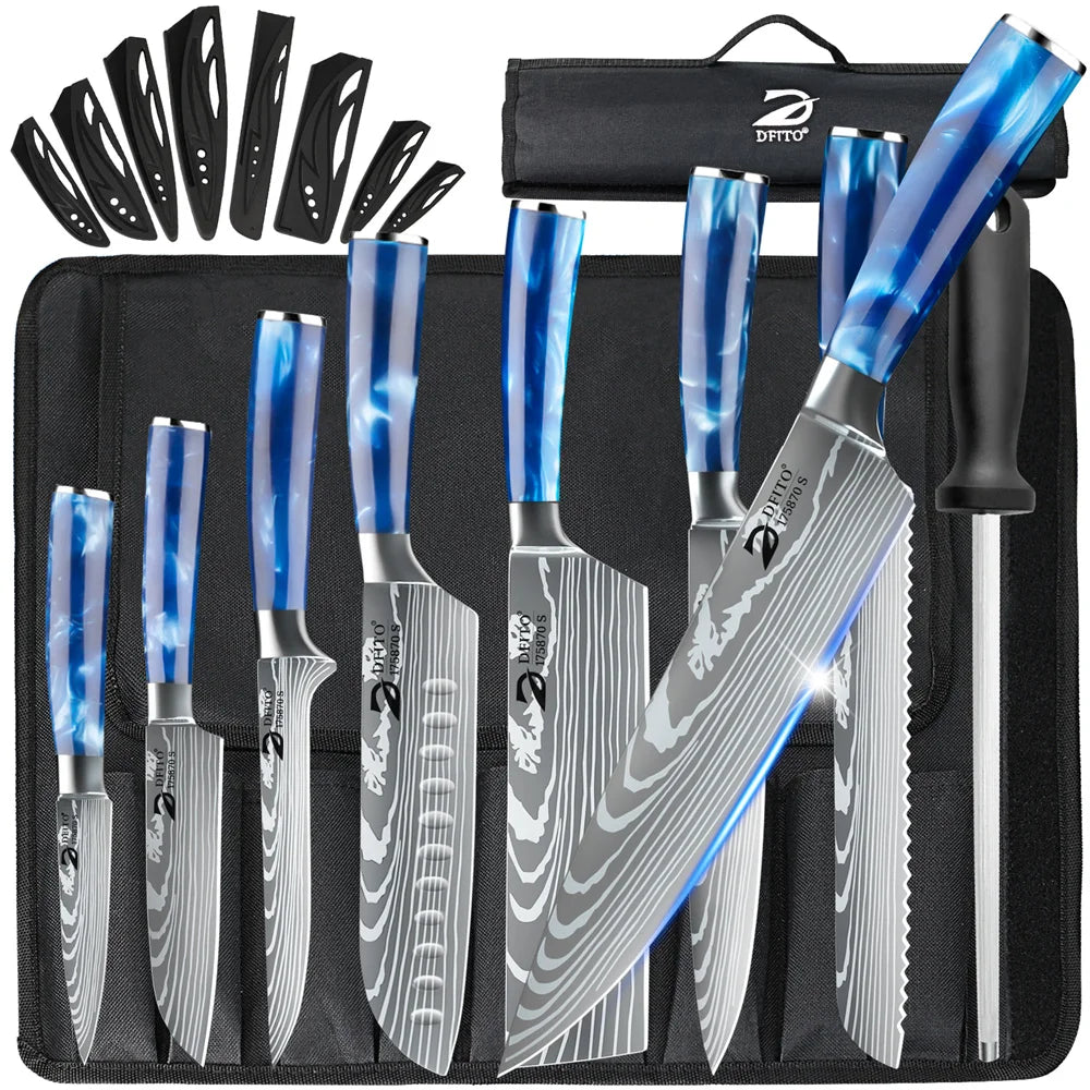 MDHAND 8PCS Damascus Stainless Steel Kitchen Knife Set Super Sharp Japanese Style Chef Santoku Cleaver Slicing Boning Utility Paring Knives Complete Cooking Cutlery Kit with Portable Protective Nylon Carry Bag for Home Kitchen Chef Use