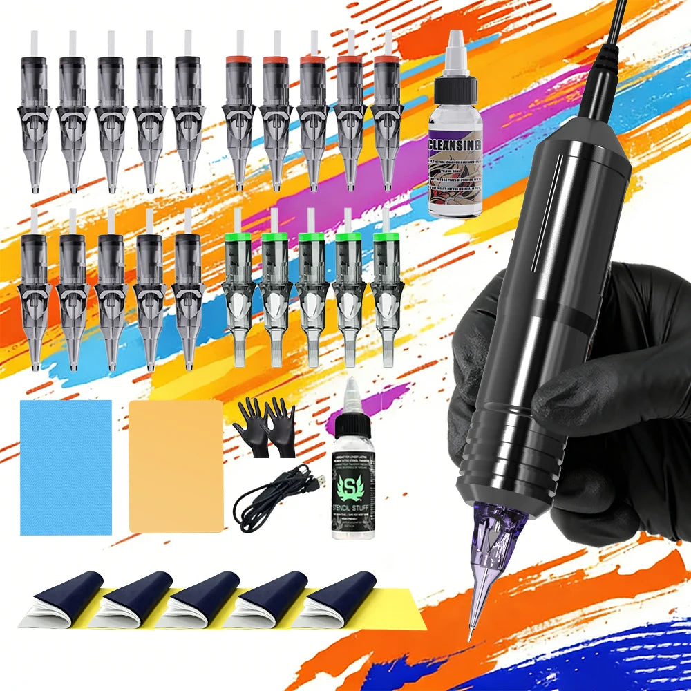 Plug‑in Rotary Tattoo Pen Kit Complete Tattoo Machine Set with Cartridges Practice Skin for Beginners