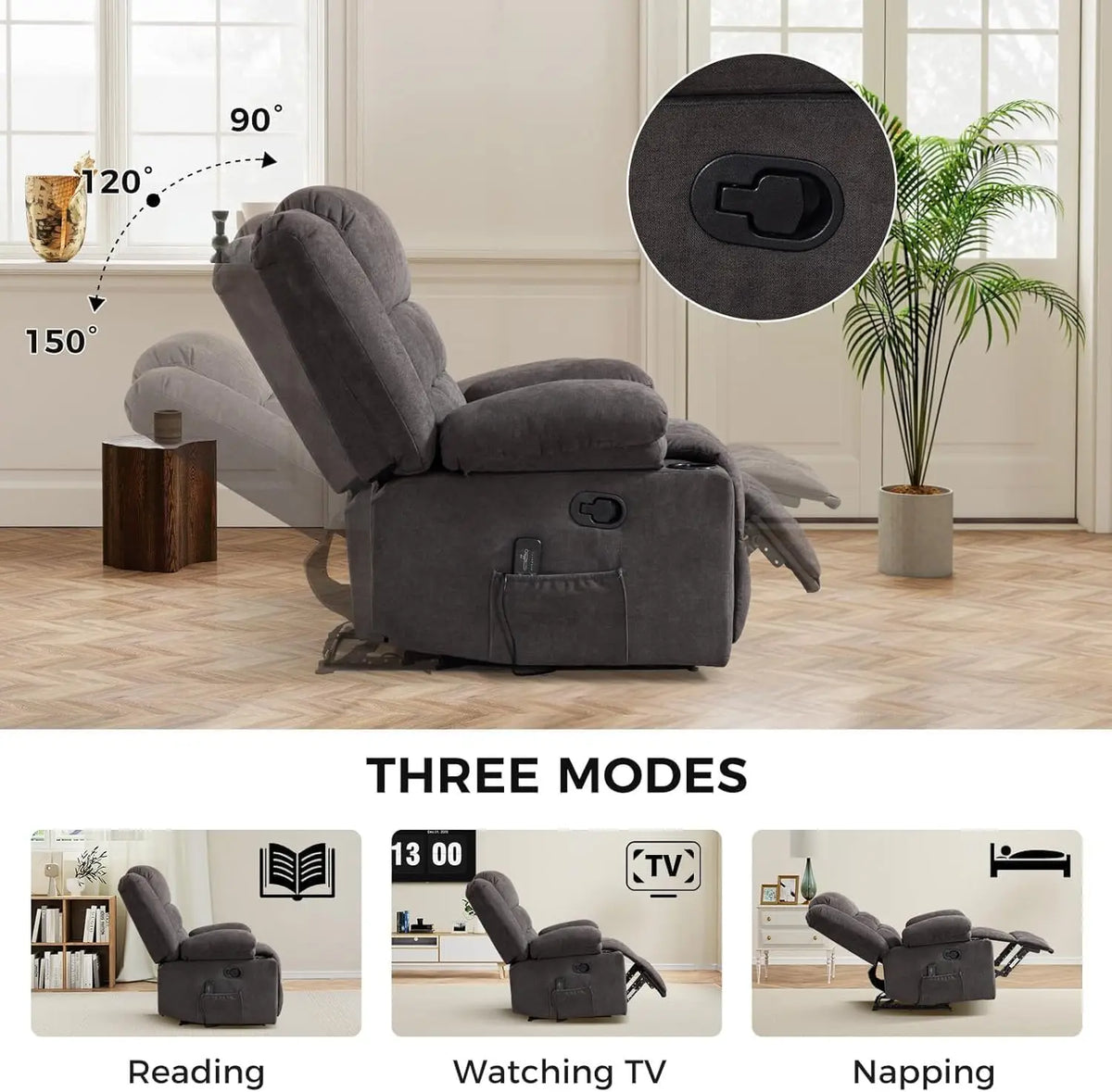Classic Manual Recliners Set of 2 with Massage and Heat for Adults, Fabric Recliner Chair with Cup Holders & Side, Customized