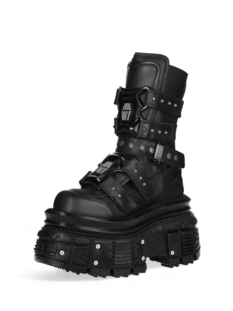 Cyberpunk Metal Black Motorcycle Boots 2025 New Street Rock Thick Sole Round Short Boots 36-45 Fashion Sports Casual Gothic Boot