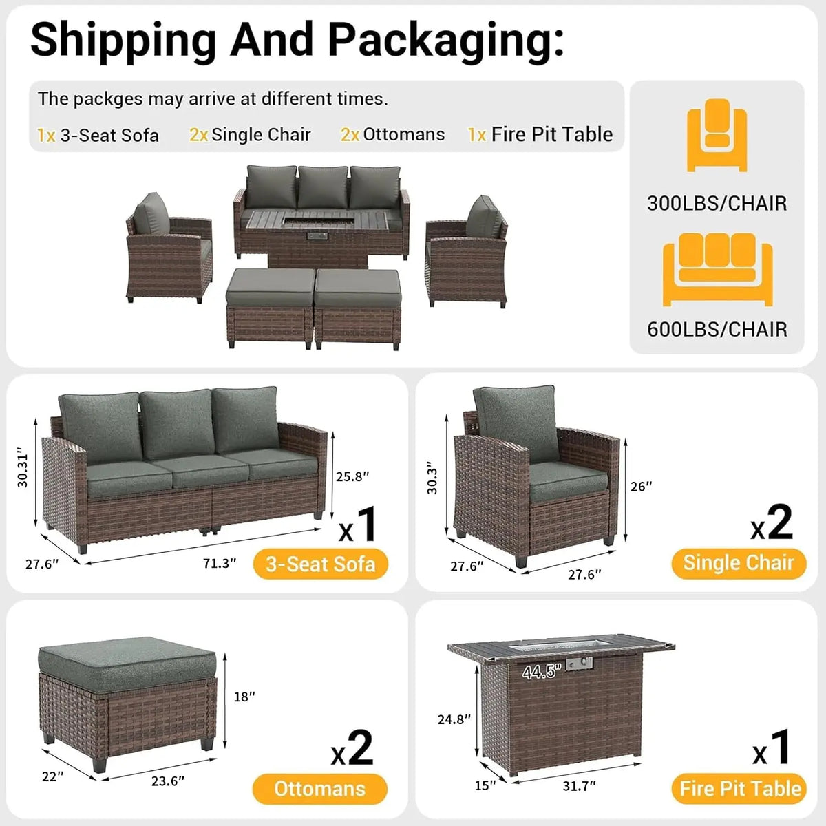 6 PCS Patio Furniture Set with Fire Pit,Rattan Patio Set,Dark Grey, Customized
