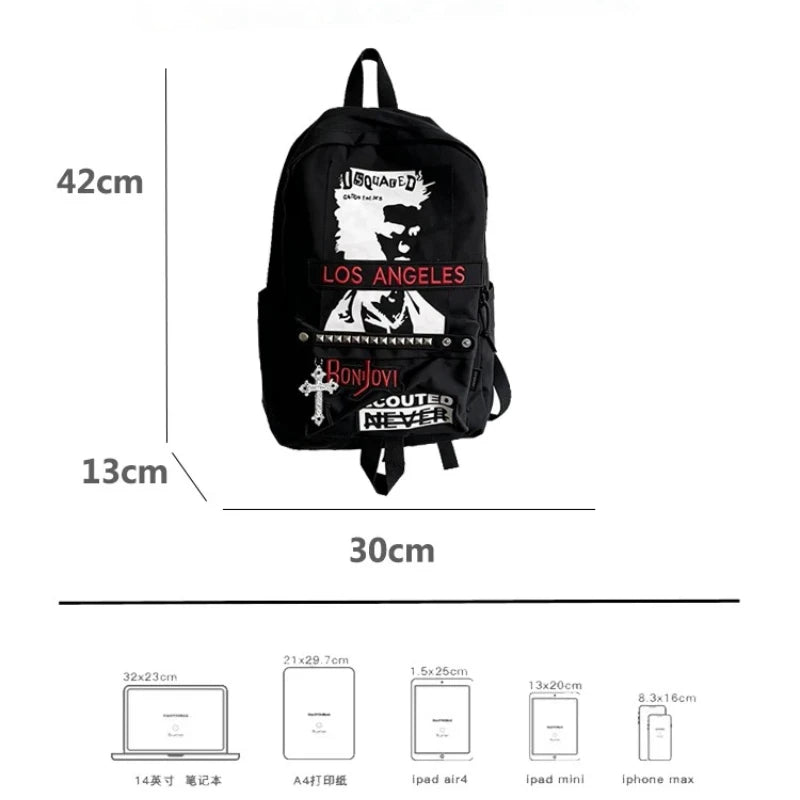 Goth Backpack Rock Punk Large Capacity Backpack Black High Street American School Bag