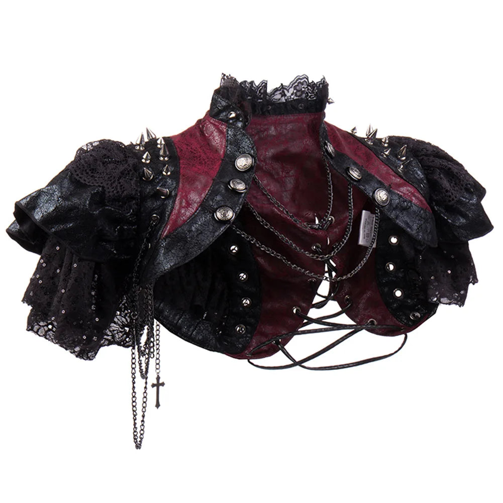 Red Leather & Black Lace Rivets Chains y2k Vintage Jacket Steampunk Costume Women Gothic Clothing Rock Rave Coat Cool Streetwear