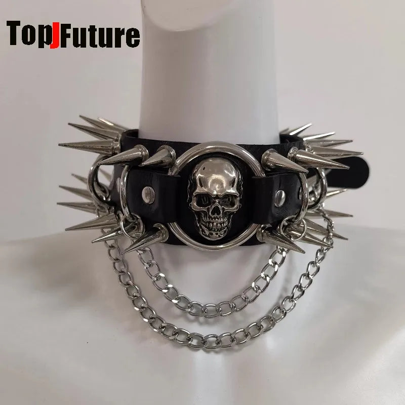 Y2K Gothic Punk Dark Rock Style Subculture PU Leather Skull Inlay Rivet Spikes Decor Metal Chain Necklace Alternative Choker