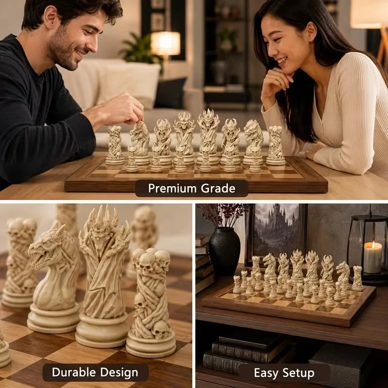 16 Pcs Gothic Vampire Demon Skull Chess Pieces, Dark Devil Sculpted Chessman, Medieval Undead Skeleton Themed Tabletop Ornament