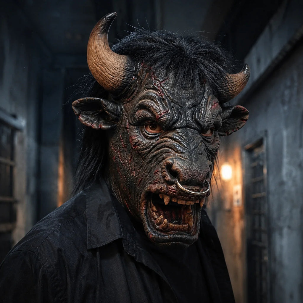 Scary Bull Mask with Horns Nose Ring Fangs Black Hair for Halloween Costume Cosplay Party Animal Headgear