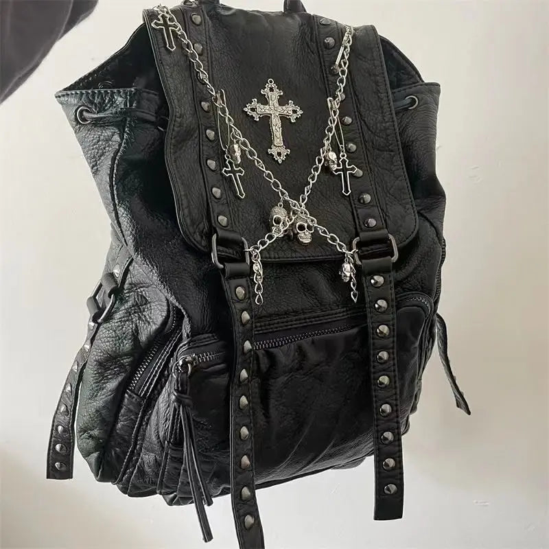 Grunge Rivet Black Y2k Backpack Women Gothic Subculture Punk Cross Black Mochila Ladies Vintage Harajuku Backpacks Aesthetic