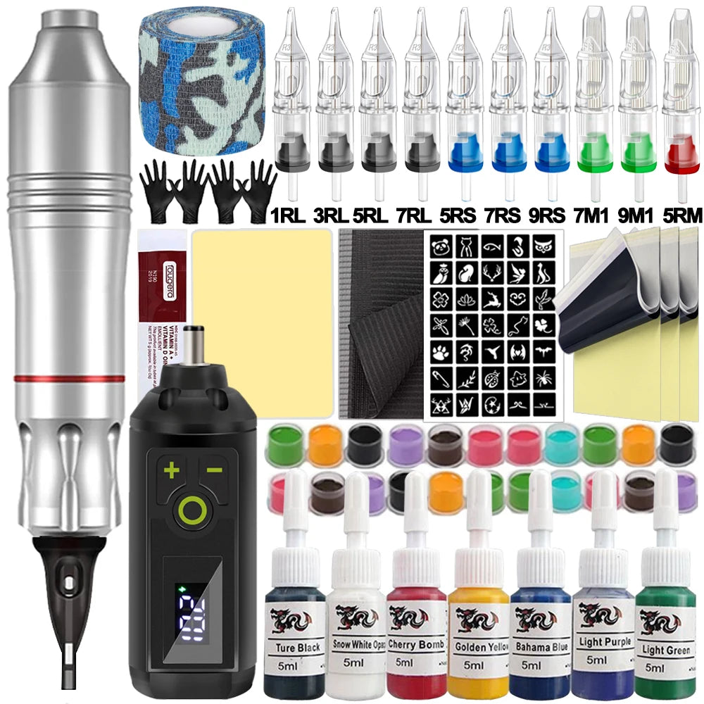 Wireless Tattoo Machine Kit Rotary Tattoo Pen Machine Set with Wireless Power Supply Needles Inks for Tattoo Artist Beginner