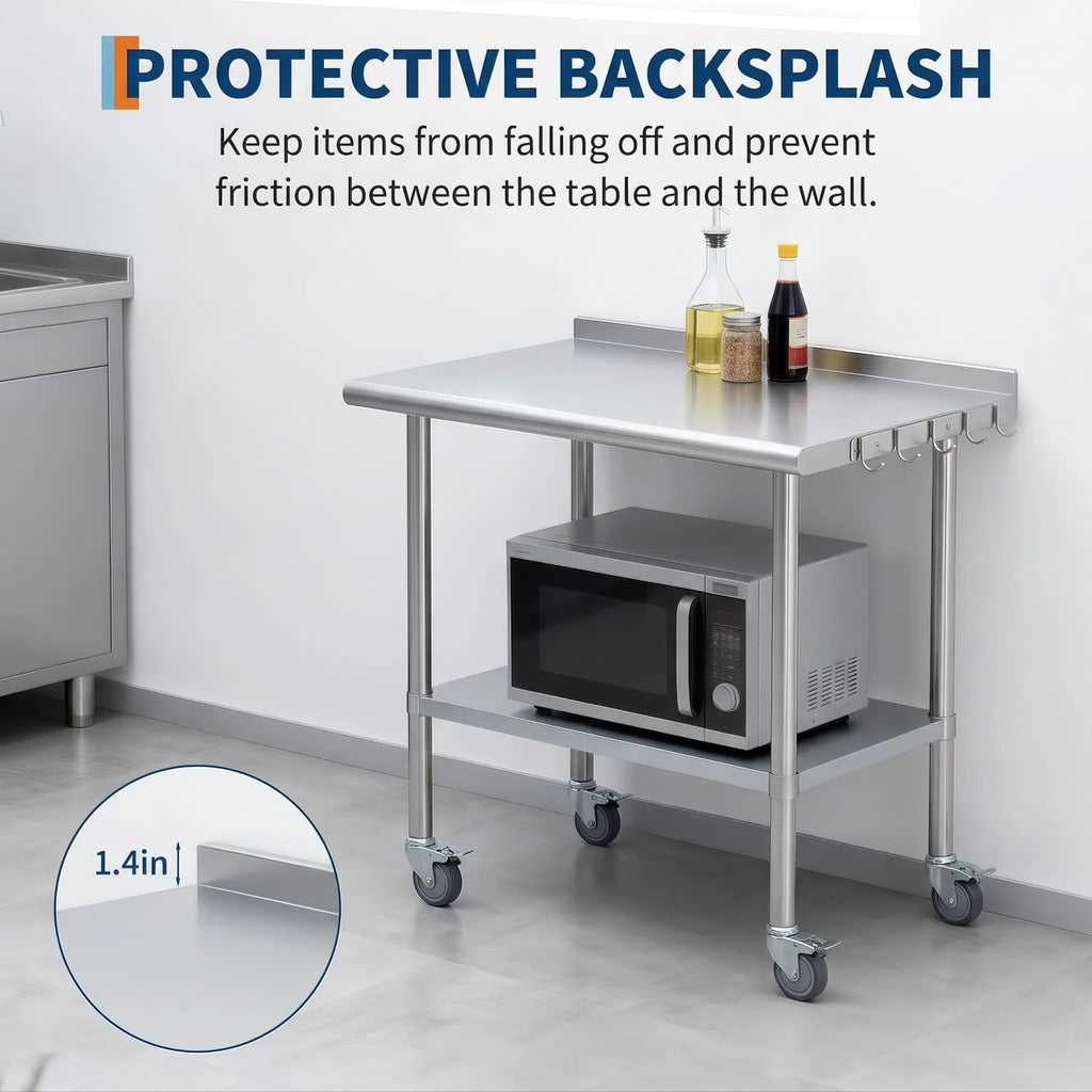 Heavy-Duty Stainless Steel Commercial Prep Table with Wheels – 30/36" Mobile Work Station with Adjustable Undershelf for Kitchen, Restaurant, Garage & Outdoor Use