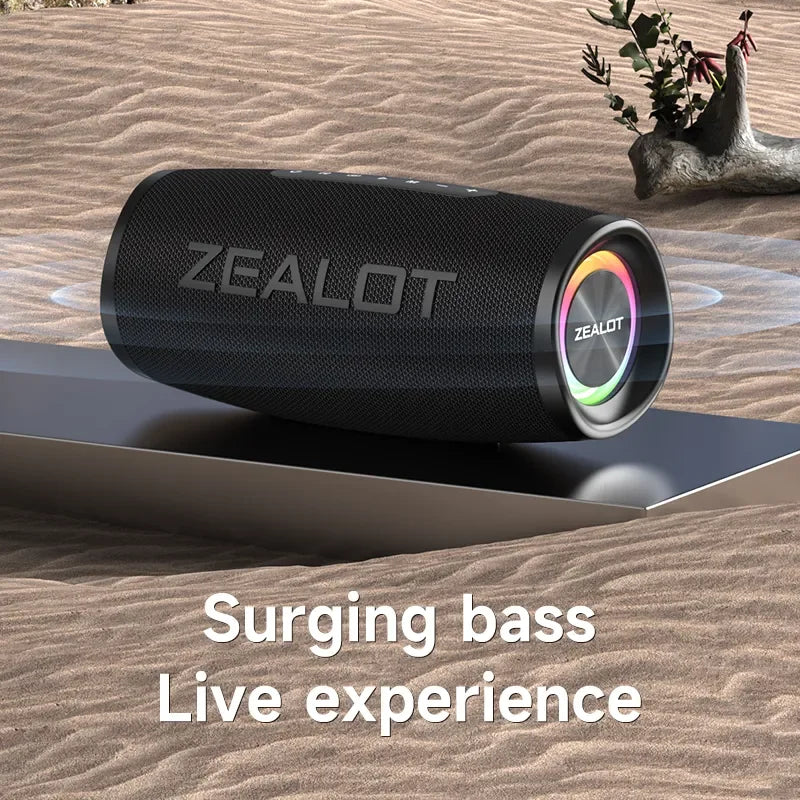 مكبر صوت بلوتوث ZEALOT-S56 بقدرة إخراج 40 واط، يتميز بأداء جهير (Bass) ممتاز ومقاوم للماء بمعيار IPX6، مثالي للتخييم والأنشطة الخارجية