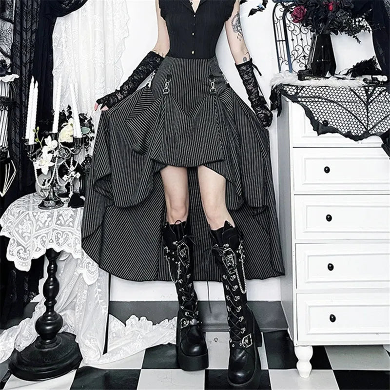 Goth Dark Women Fashion Striped Zipper Skirts Alt Streetwear Cyber Y2K Bottoms Mall Gothic Big Swing Skirt Casual Holiday Outfit
