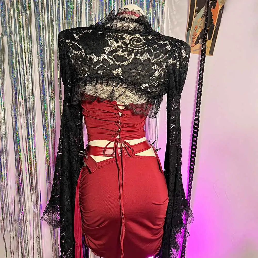 Red Gothic Dress for Women Y2K Rave Cyber Punk Rock Goth Cross with Spikes Scene Emo ALT Grunge Rave Festival E-Girls Clothing