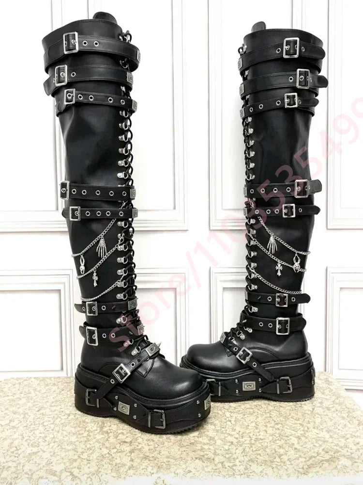 Black Street Fashion Thigh High Boots Multi Metal Buckle Chain Gothic Punk Lace Up Wedge Heel Over The Knee Platform Women Boots