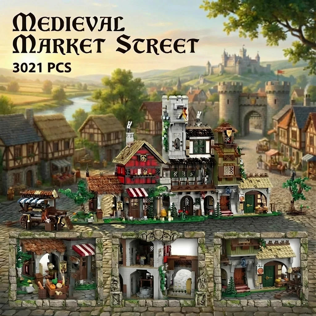 Medieval Market Street Building Set Retro View Architecture Modular Building Blocks Assembly Model Collect Adult Gift 3021PCS