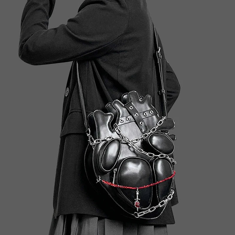 Fashion Shoulder Bags PU Backpack Dark Binding Chain Heart Bags For Women Man Gothic Punk Metal Crossbody Bag Creative Design