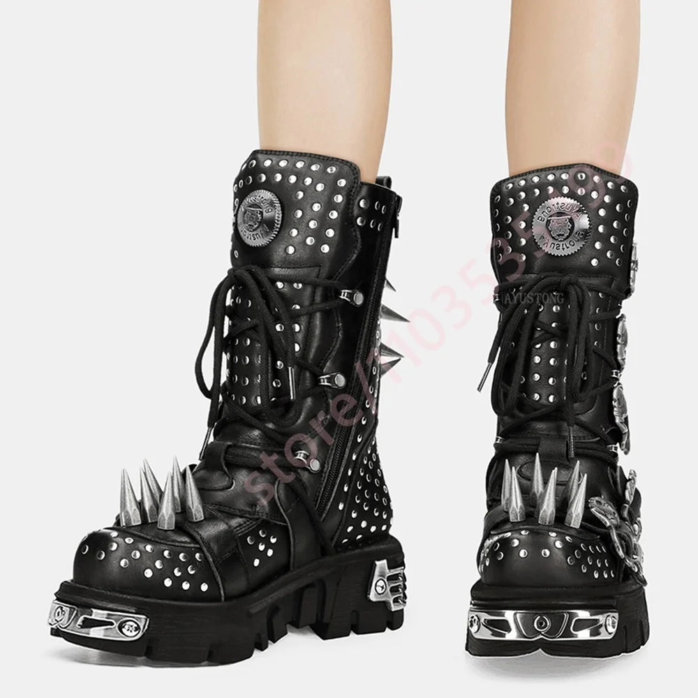Tank Metal Rivet Rhinestone Rock Motorcycle Boots Round Street Punk Belt Buckle Gothic Boots Fashion Party Sports Casual Boots