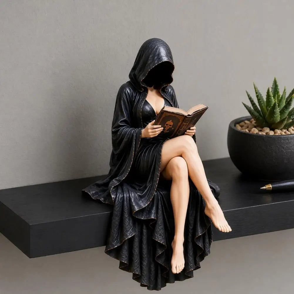 Skeleton Reader Statue Dark Fantasy Reading Corner Decor Reader Statue Resin Figurine Hooded Skeleton Reaper Sitting Book Decor