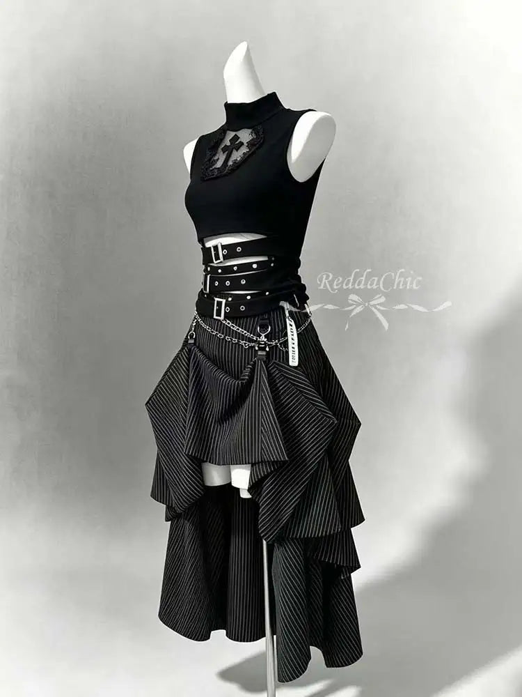REDDACHiC Lace Hollow Sleeveless Top Skirt Women Set Goth Black Stripe Bustle Skirt Belt Tank Top Grunge Music Festival Outfits