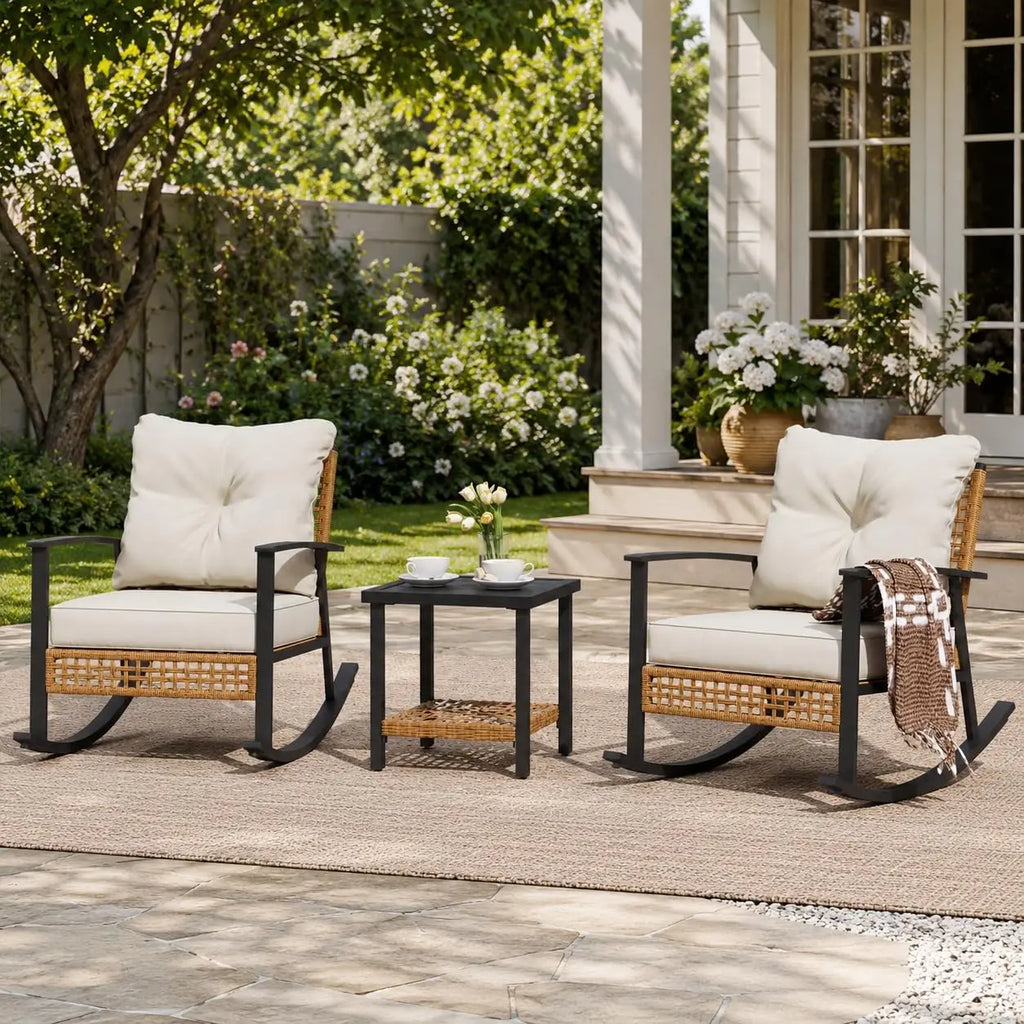 3-Piece Rattan Patio Rocking Conversation Set, 2-Tier Table, Customized