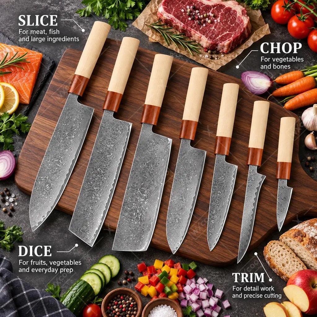 WXCOO Japanese Steel 67 Layer Damascus Chef Knife Ultra Sharp Nakiri Santoku Cleaver Cutlery Set for Meat Vegetable Home Cooking