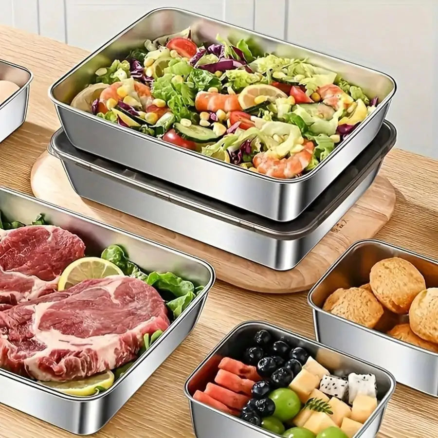 5-Piece Stainless Steel Food Storage Container Set With Clear Lids | Large Square Containers For Storing Meat, Fruits, And Vegetables - Ideal For Camping, Outdoor, And Home Use; Stackable Kitchen Storage Boxes.
