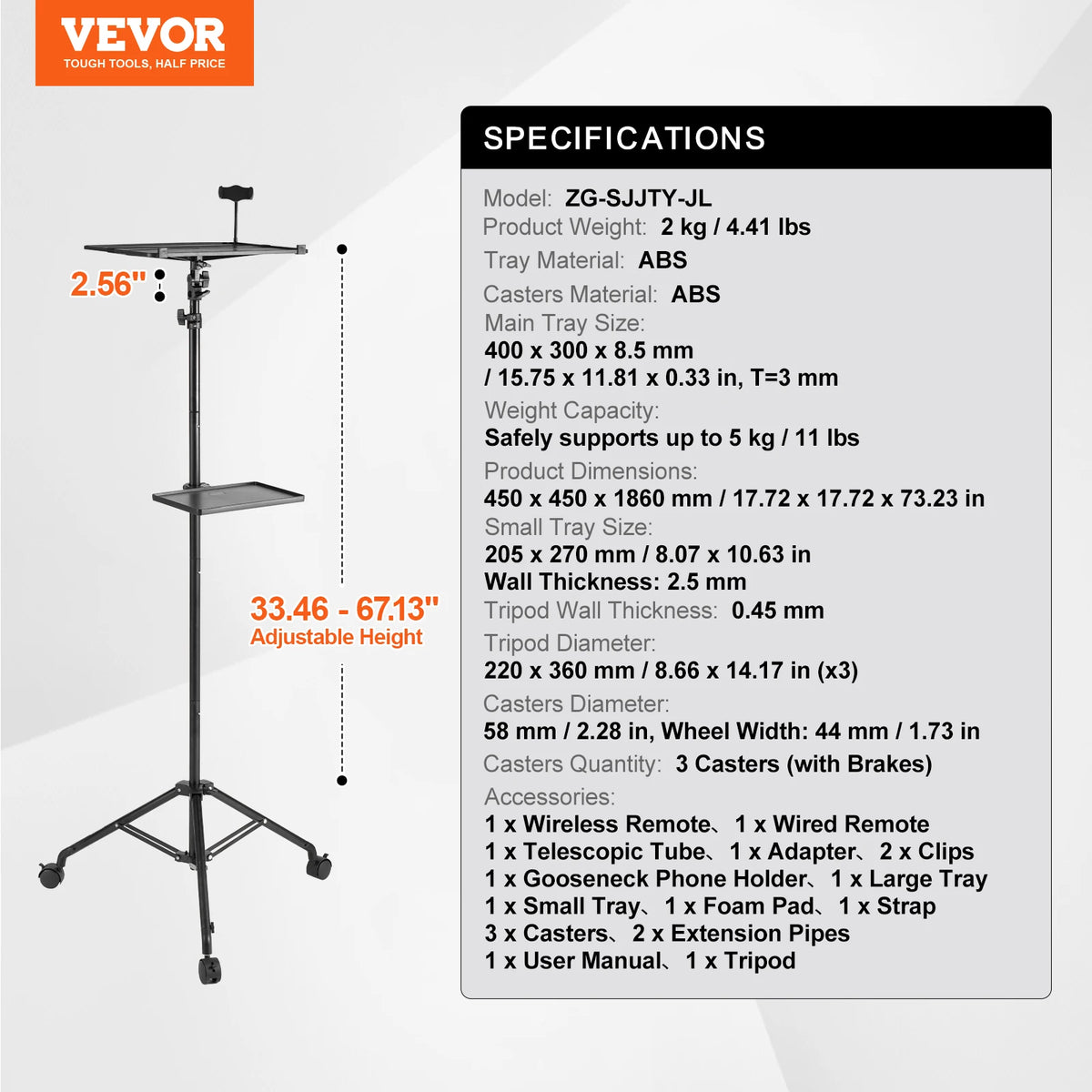 SucceBuy Portable Projector Tripod Stand Adjustable Height w/ Tray & Gooseneck Phone Holder for Outdoor Movies Home Office Stage
