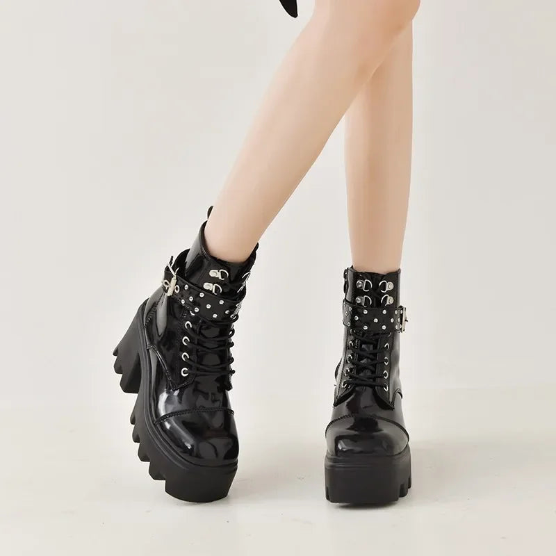 2024 Platform Thick Gothic Boots Lady Buckle Autumn Shoes Women Wedges Knee High Boots Punk Street  Motorcycle Chain